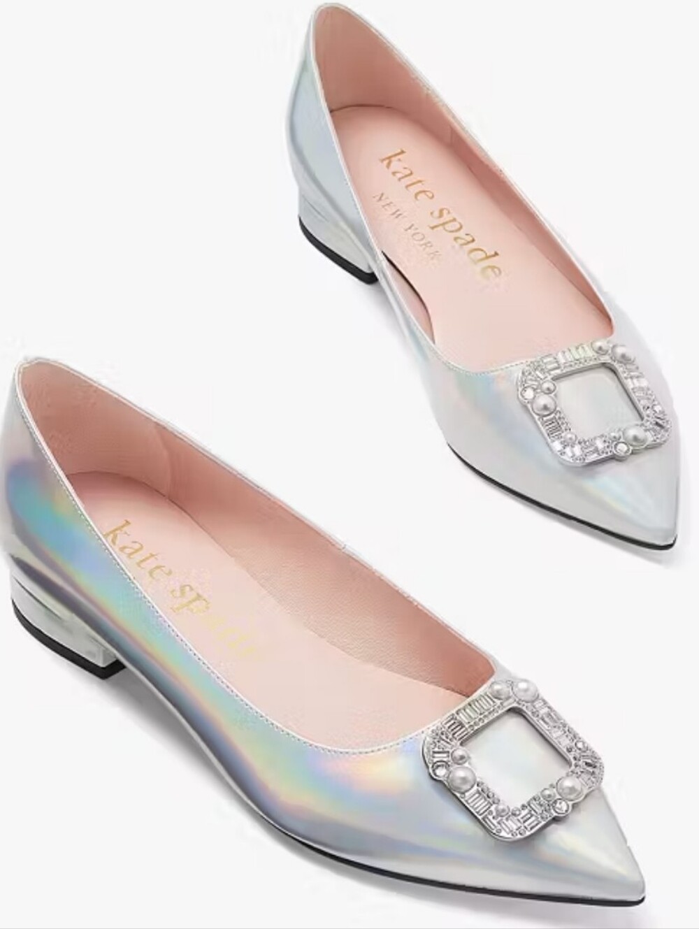 NWT Kate Spade Buckle Up Flats Iridescent Crystal Pearl Pointed Toe 8.5